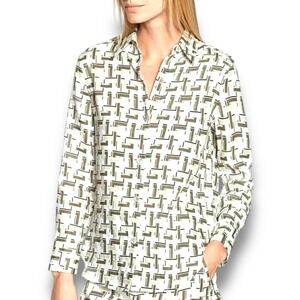 Equipment Femme White Cream Green Geometric Print Linen Button Down Shirt Size S